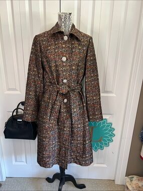 Simply fabulous silk WDNY tapestry-like printed trench with bling buttons